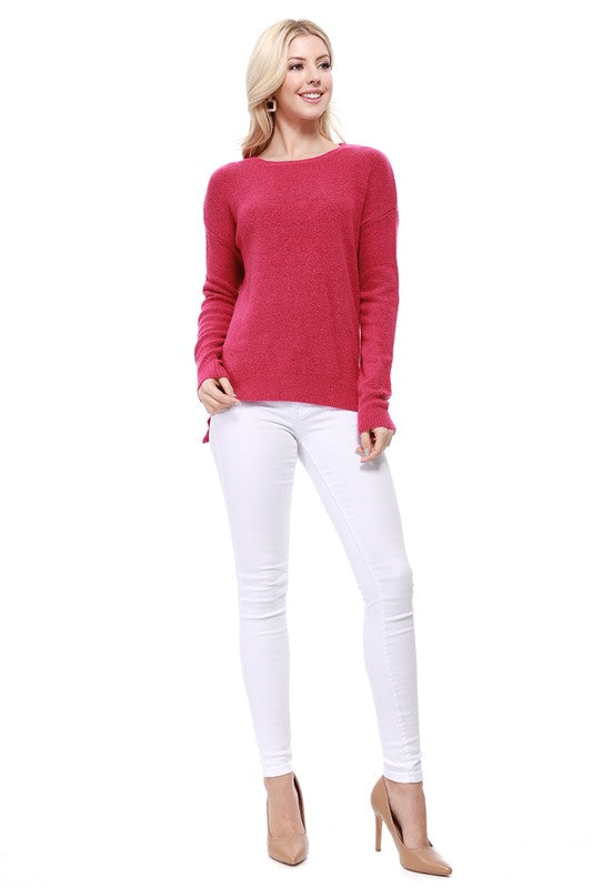 Crew-neck Knit Pullover Sweater with Side Slit