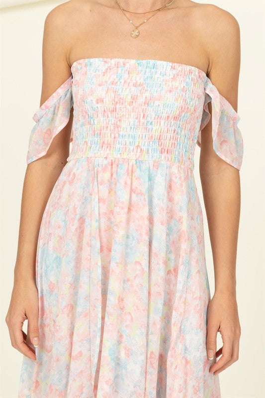 PASTEL FLORALS SMOCKED MIDI DRESS