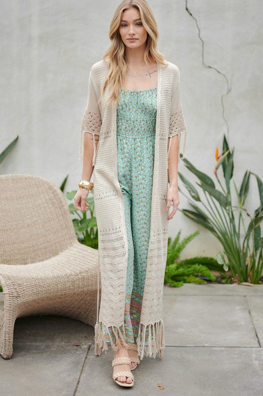 Solid Long Cardigan With Fringe