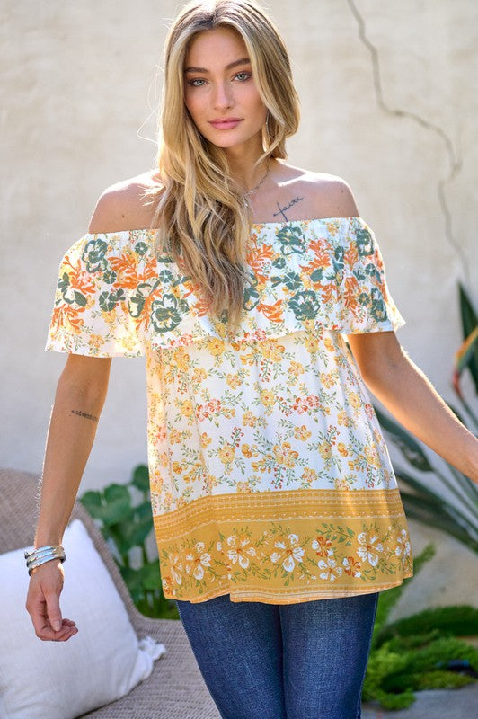 PRINTED OFF SHOULDER SMOCKED TOP