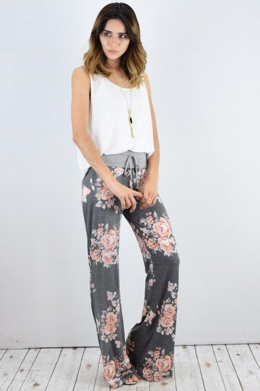 Drawstring Floral Wide Leg Pants