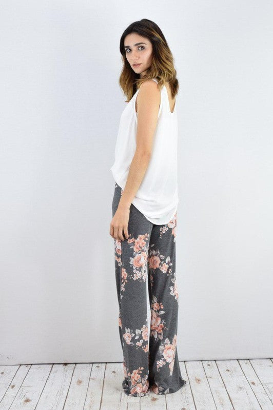 Drawstring Floral Wide Leg Pants