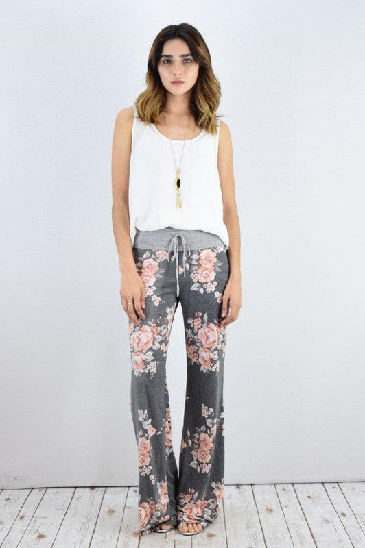 Drawstring Floral Wide Leg Pants