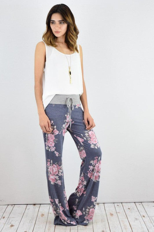 Drawstring Floral Wide Leg Pants