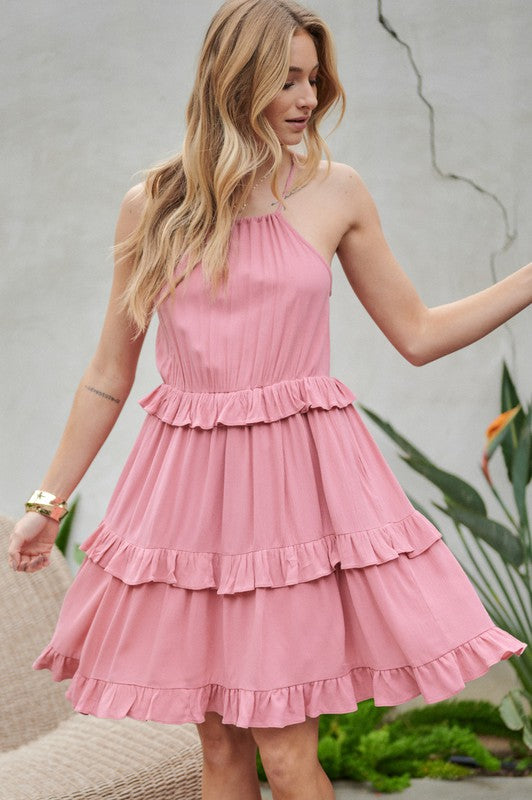 SOLID RUFFLE SLEEVELESS MINI DRESS