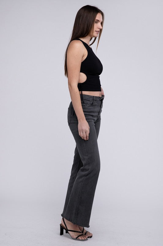 Acid Washed Frayed Cutoff Hem Straight Wide Pants