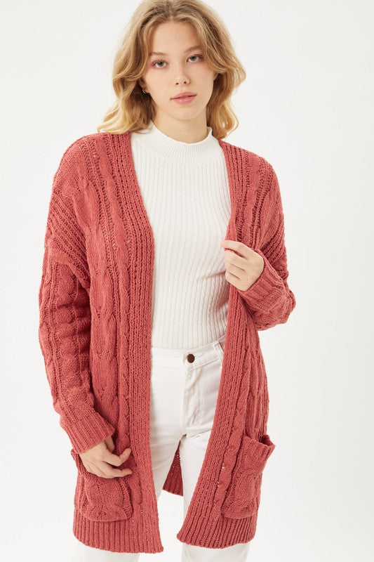 Chenille Cable Knit Oversized Open Front Cardigan