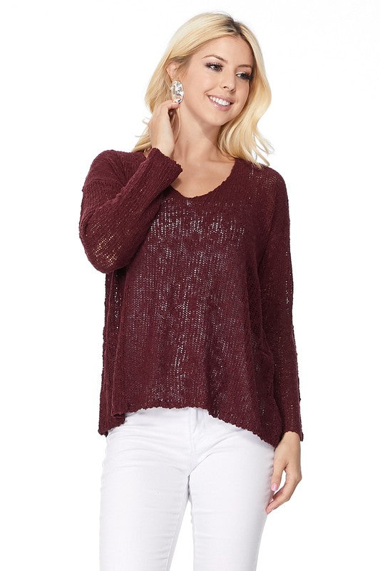 Long sleeve V Neck Thin Slub knit SS sweater Top