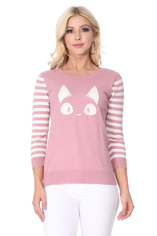 Kitty Cat Jacquard Casual Crewneck PulloverSweater