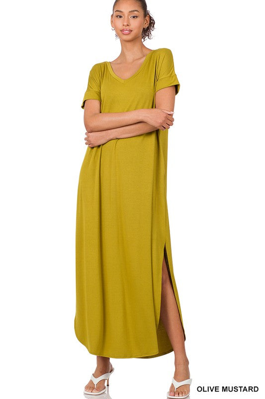 VISCOSE SIDE SLIT V-NECK SHORT SLEEVE MAXI DRESS