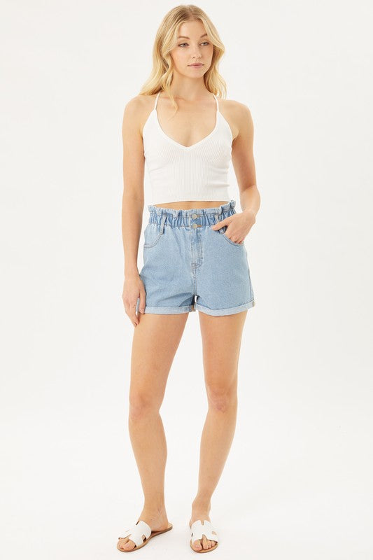 Double Buttoned Waistband Denim Shorts