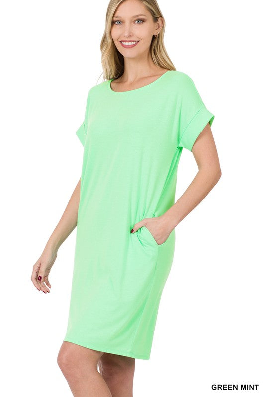 ROLLED SHORT SLEEVE ROUND NECK DRESS