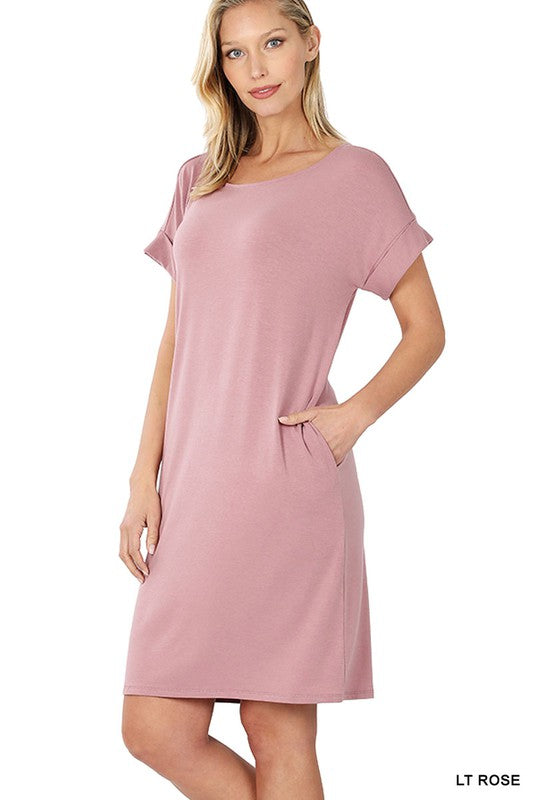 ROLLED SHORT SLEEVE ROUND NECK DRESS