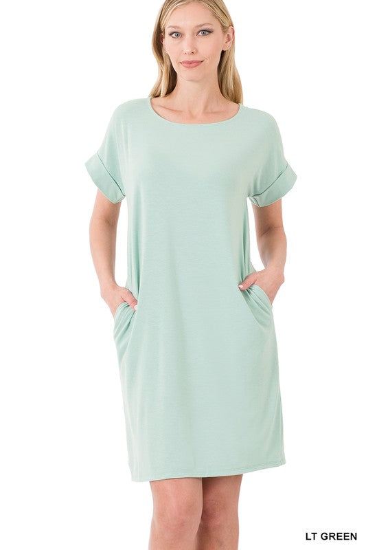 ROLLED SHORT SLEEVE ROUND NECK DRESS