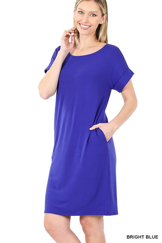 ROLLED SHORT SLEEVE ROUND NECK DRESS