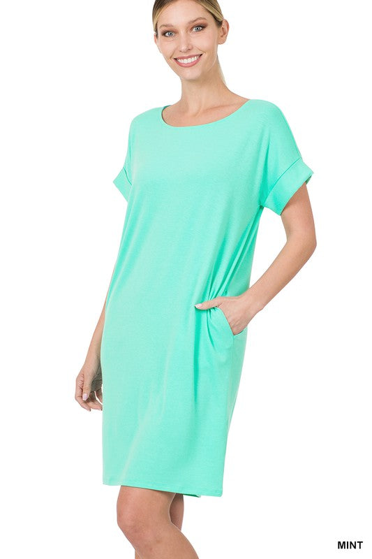 ROLLED SHORT SLEEVE ROUND NECK DRESS