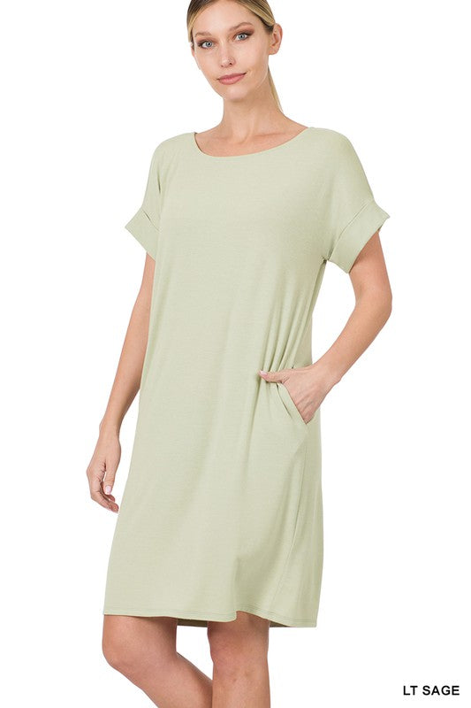 ROLLED SHORT SLEEVE ROUND NECK DRESS