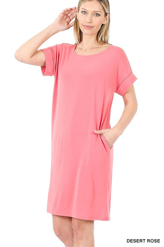 ROLLED SHORT SLEEVE ROUND NECK DRESS