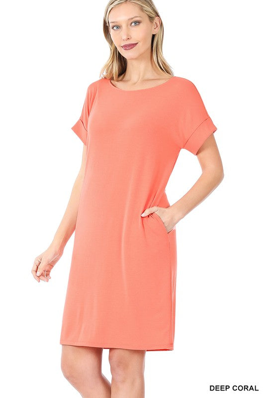 ROLLED SHORT SLEEVE ROUND NECK DRESS