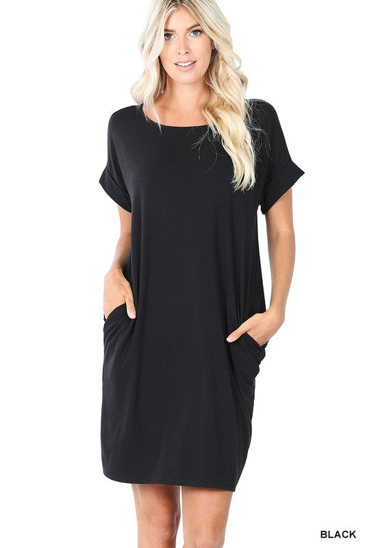 ROLLED SHORT SLEEVE ROUND NECK DRESS