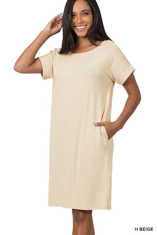 ROLLED SHORT SLEEVE ROUND NECK DRESS