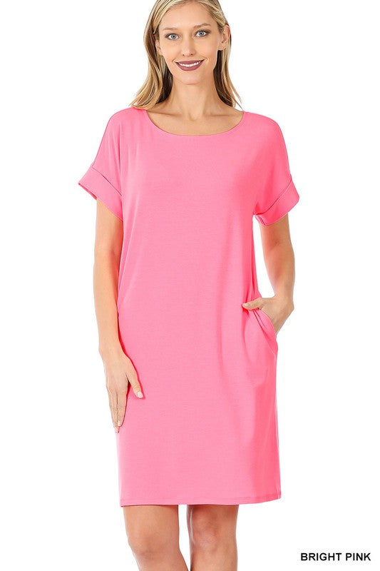 ROLLED SHORT SLEEVE ROUND NECK DRESS