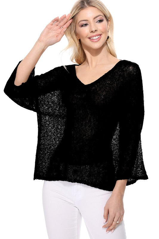 Open Back Sheer Batwing Sleeve Stretch Knit Top