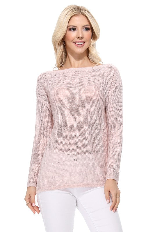 See-Through Boat Neck Knit Top with Side Slit