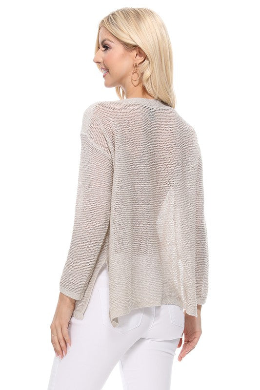 See-Through Boat Neck Knit Top with Side Slit