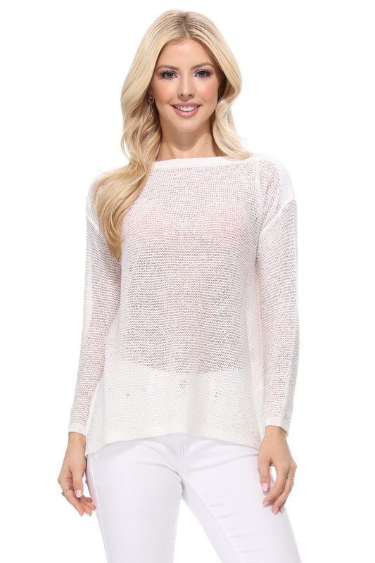 See-Through Boat Neck Knit Top with Side Slit