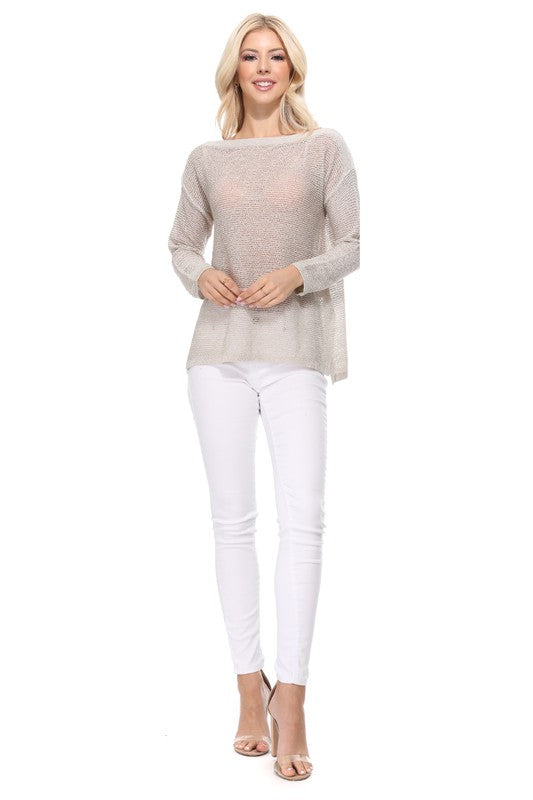 See-Through Boat Neck Knit Top with Side Slit