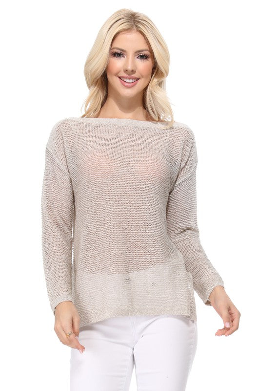 See-Through Boat Neck Knit Top with Side Slit