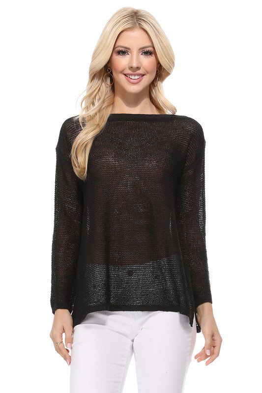 See-Through Boat Neck Knit Top with Side Slit