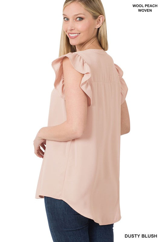 WOVEN WOOL PEACH RUFFLED  SLEEVE HIGH-LOW TOP