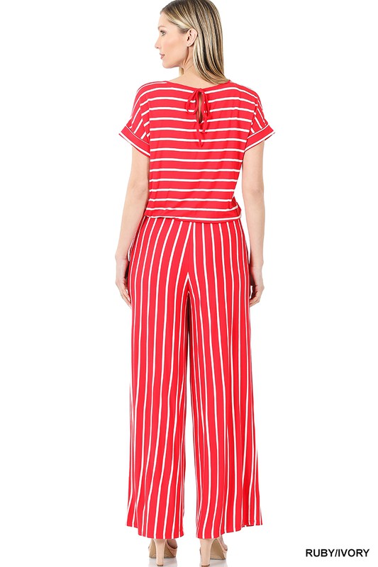 STRIPE JUMPSUIT ELASTIC WAIST BACK KEYHOLE