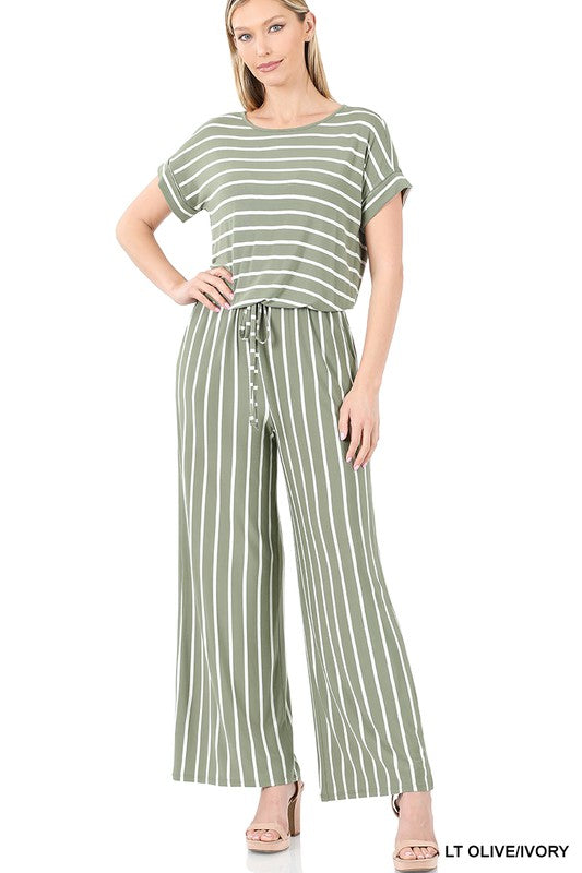 STRIPE JUMPSUIT ELASTIC WAIST BACK KEYHOLE