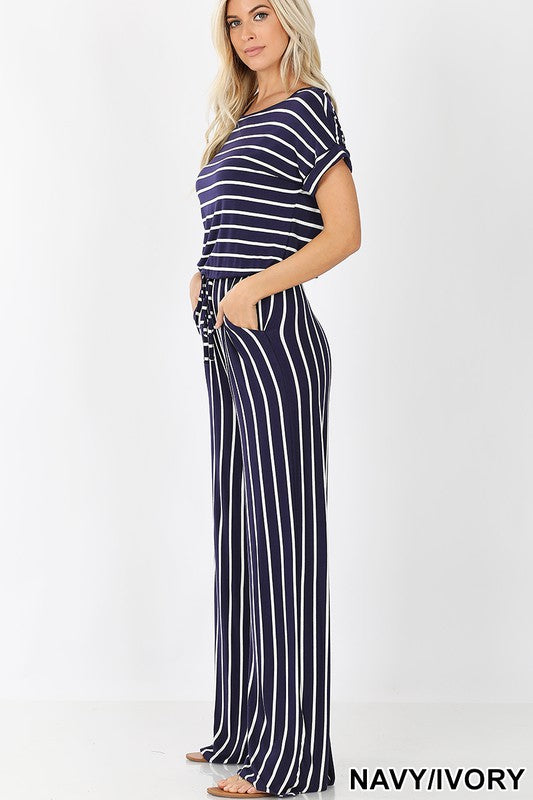 STRIPE JUMPSUIT ELASTIC WAIST BACK KEYHOLE