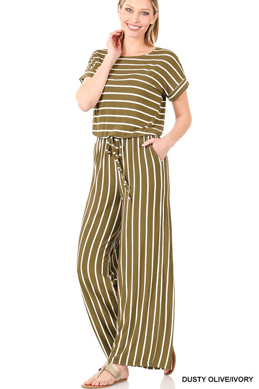 STRIPE JUMPSUIT ELASTIC WAIST BACK KEYHOLE