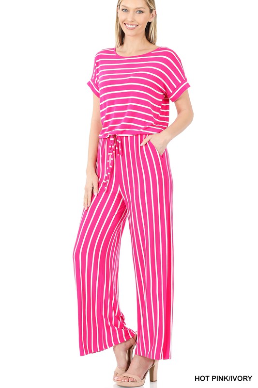 STRIPE JUMPSUIT ELASTIC WAIST BACK KEYHOLE