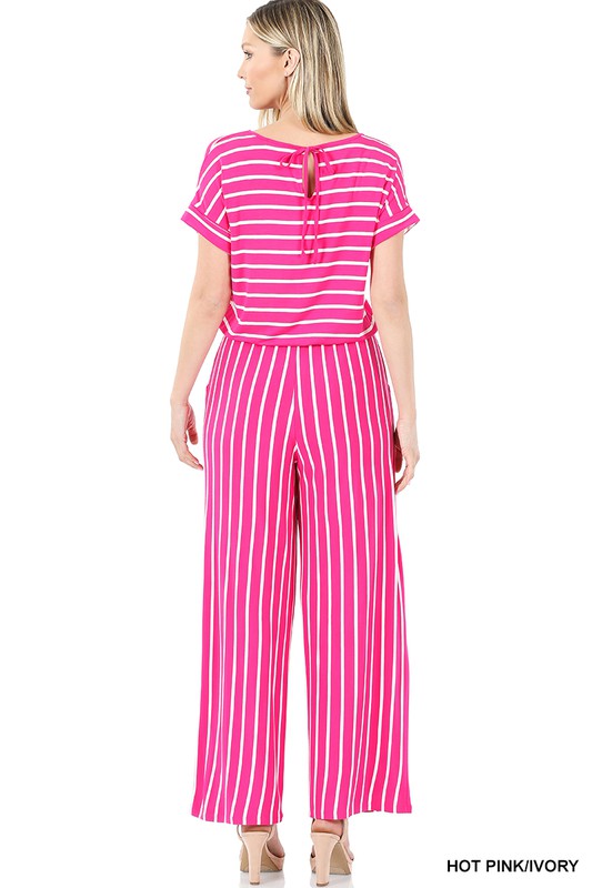 STRIPE JUMPSUIT ELASTIC WAIST BACK KEYHOLE