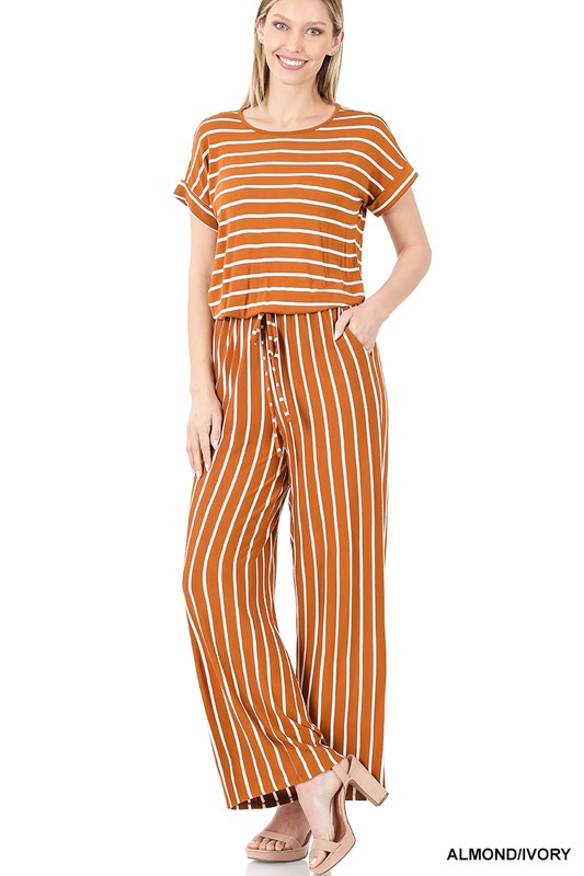 STRIPE JUMPSUIT ELASTIC WAIST BACK KEYHOLE