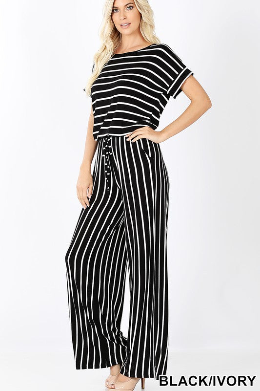 STRIPE JUMPSUIT ELASTIC WAIST BACK KEYHOLE