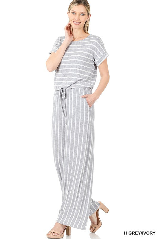 STRIPE JUMPSUIT ELASTIC WAIST BACK KEYHOLE