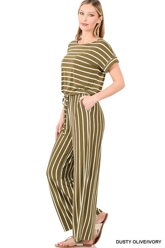 STRIPE JUMPSUIT ELASTIC WAIST BACK KEYHOLE