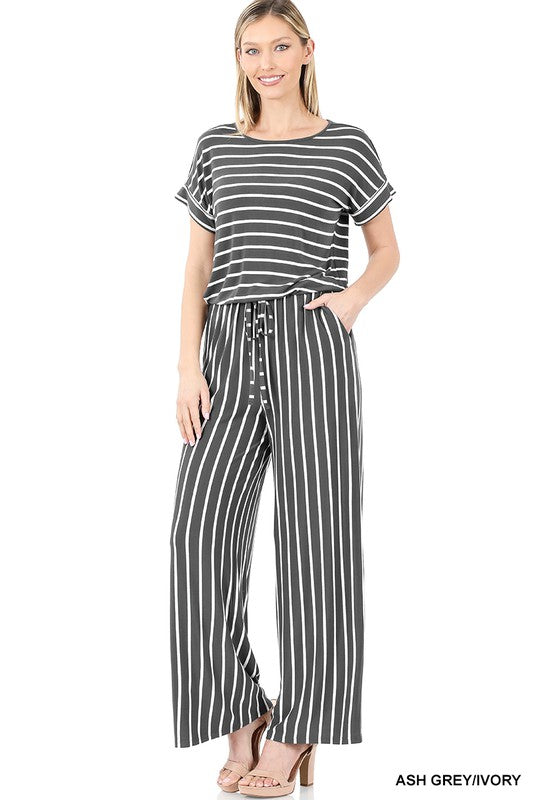 STRIPE JUMPSUIT ELASTIC WAIST BACK KEYHOLE