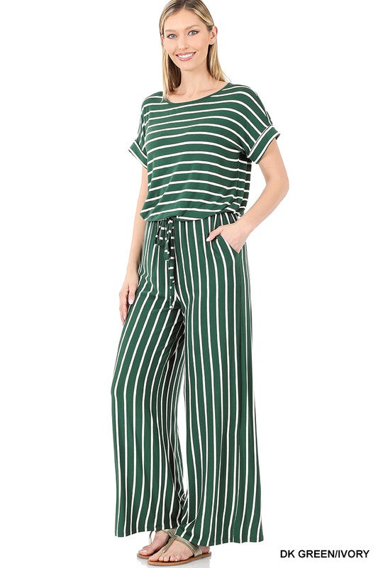 STRIPE JUMPSUIT ELASTIC WAIST BACK KEYHOLE