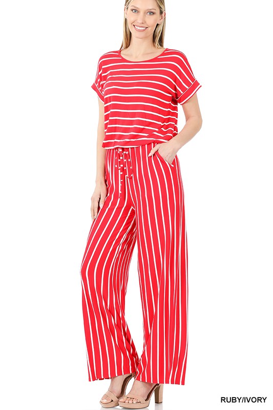 STRIPE JUMPSUIT ELASTIC WAIST BACK KEYHOLE