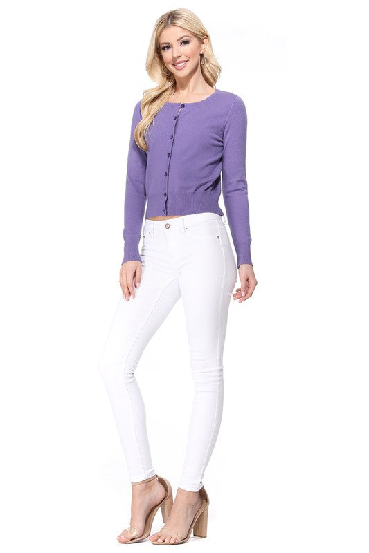 Gem Button Crew Neck Long Sleeve Sweater Cardigan