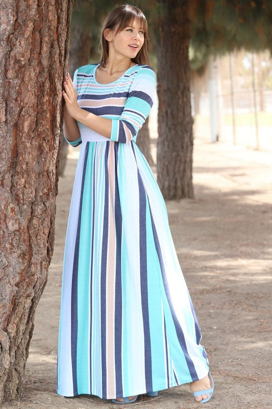 Quarter Sleeve Stripe Maxi Dress