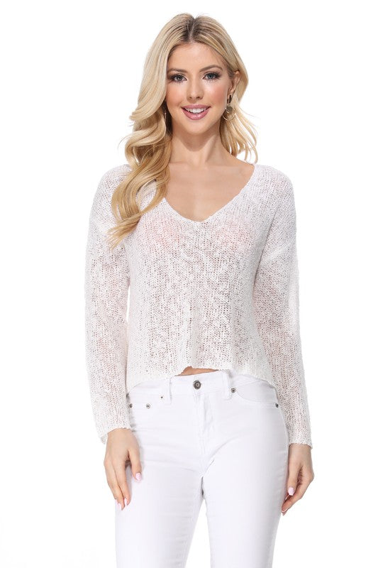 V Neck Drop Shoulder Slub Knit Crop Sweater Top